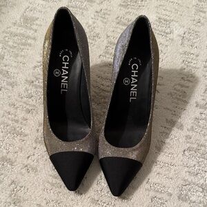 CHANEL Glittering Black and Silver Heels